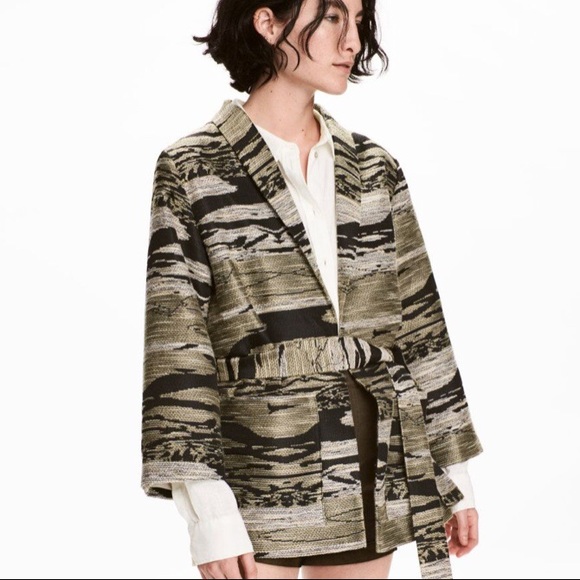 H&M Textured Weave Pattern Jacket Khaki Black S - Picture 1 of 7
